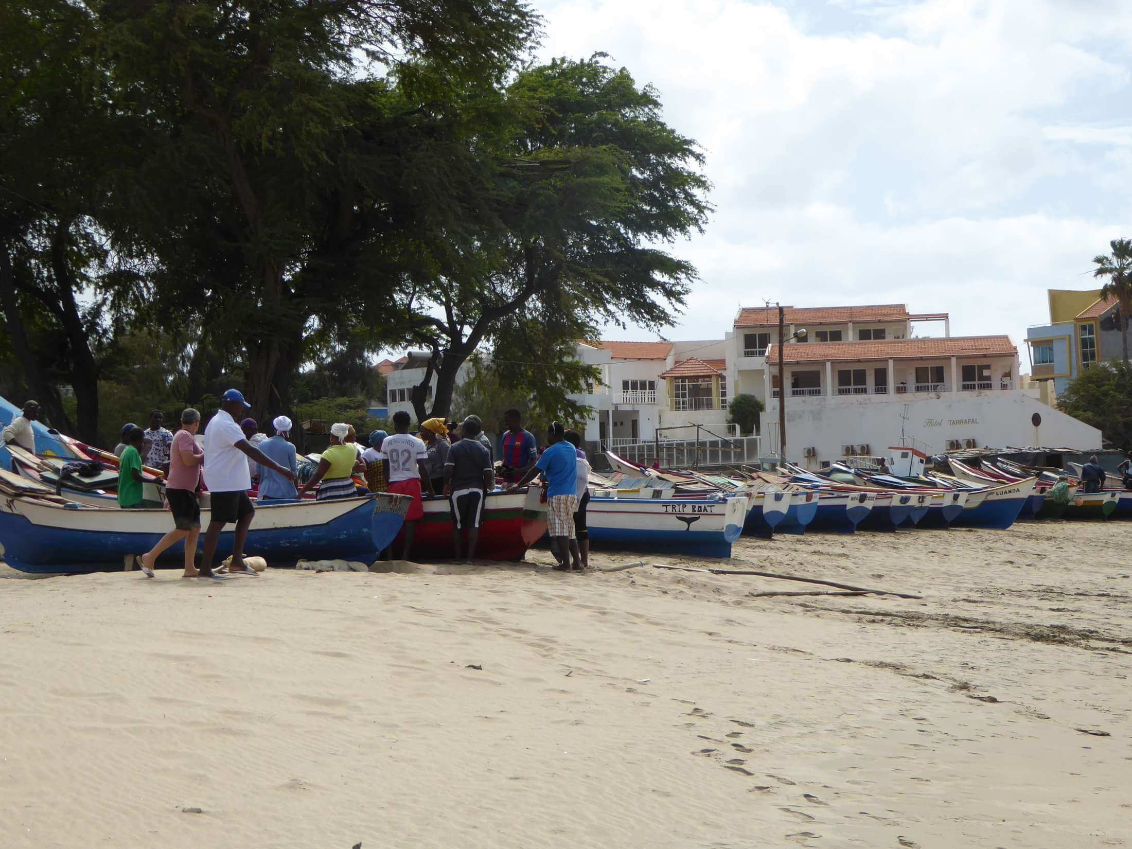Bunte Fischerboote am Strand von Tarrafal